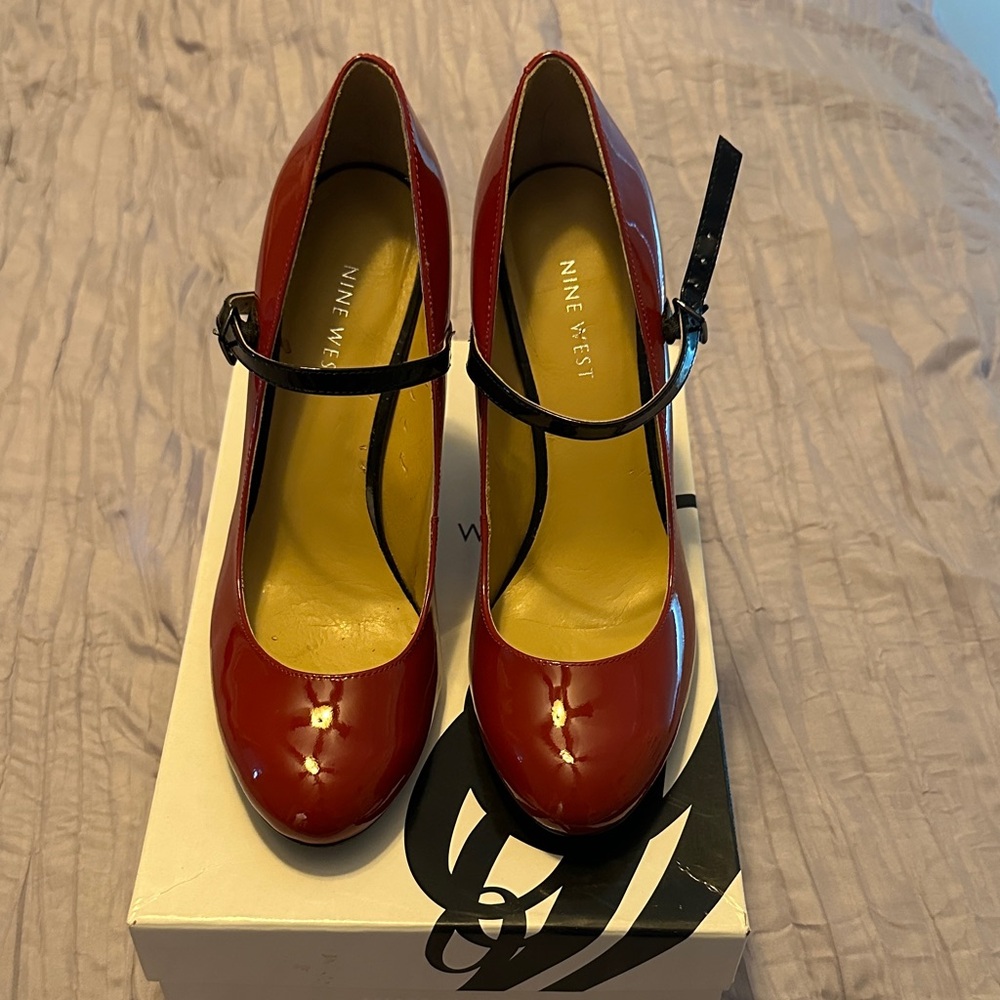 Nine West Red Patent Heels with Black Strap